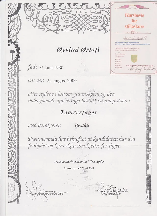 Kursbevis Tømrerfaget